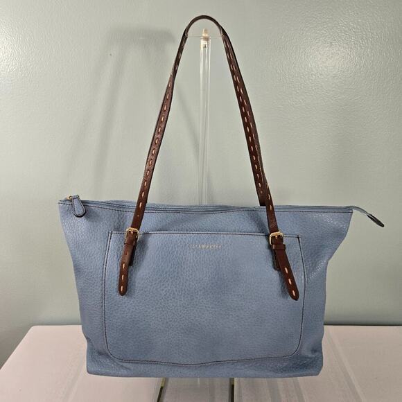 Liz Claiborne Blue Tote Bag with Brown Straps - Picture 1 of 11